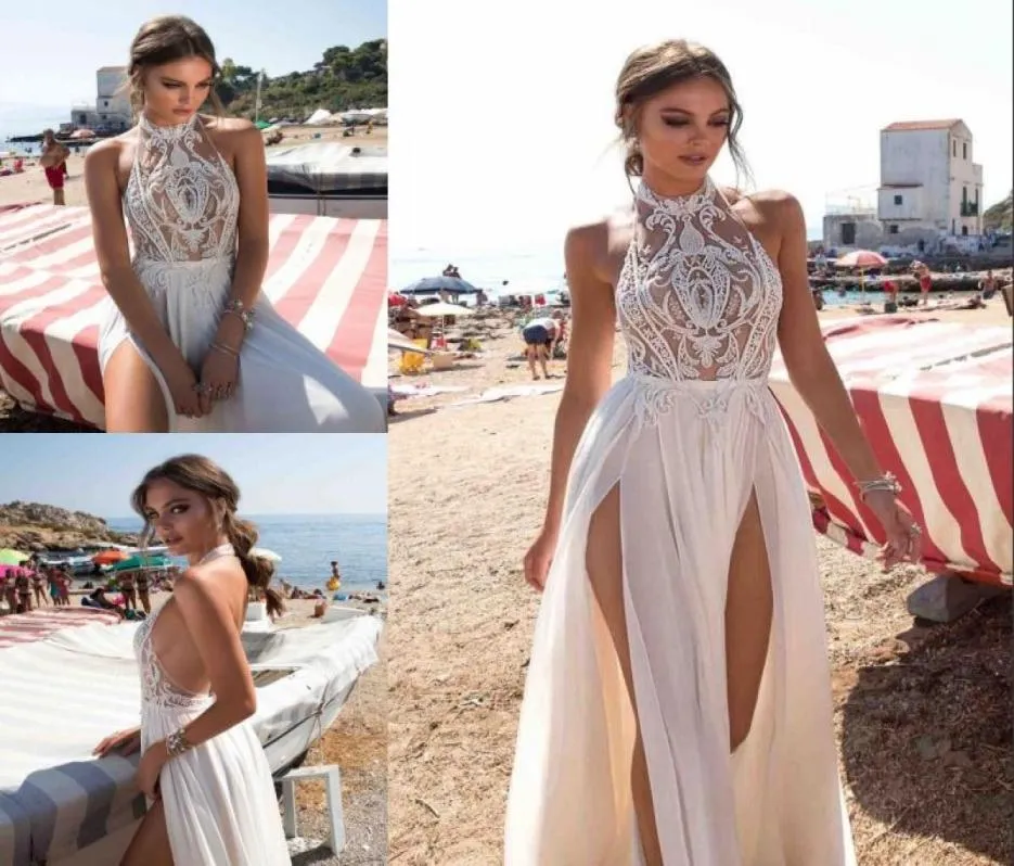 Berta Bohemian Backless Wedding Dresses Lace Apphed Aline Halter Neck Sprit Side Bridal Gowns Chiffon de Novia8650039