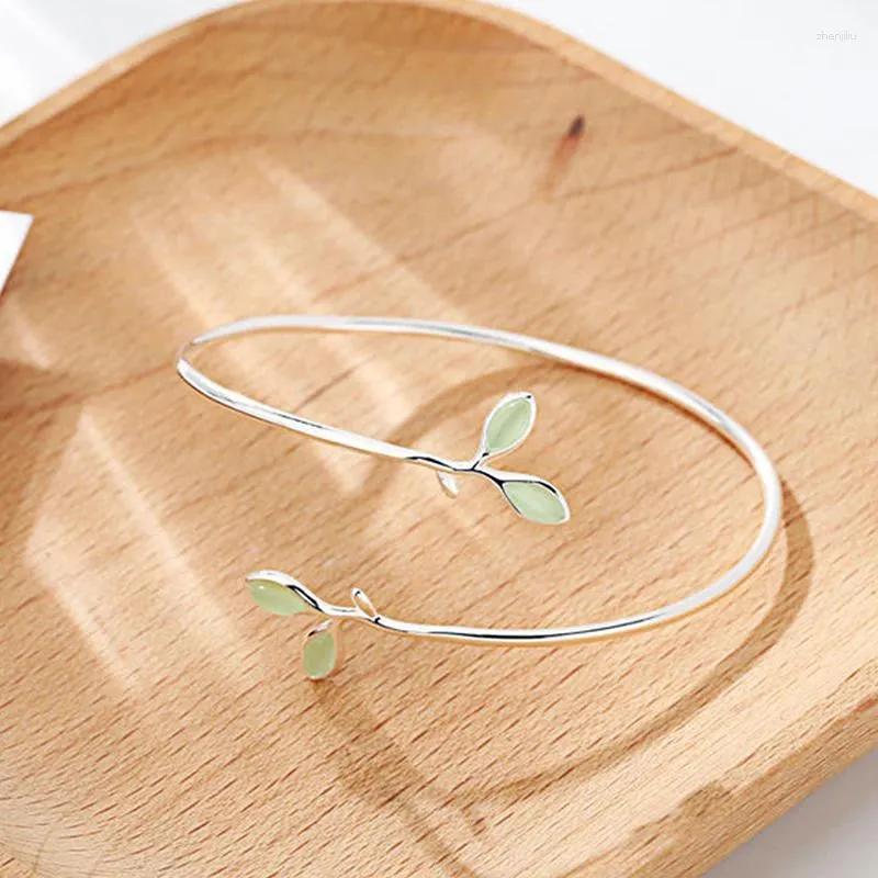 Bangle Fashion Simple Silver Color Leaves Korean Style Exquisite Open For Women Green Leaf Twigs Branch Jewelry Girl Gift