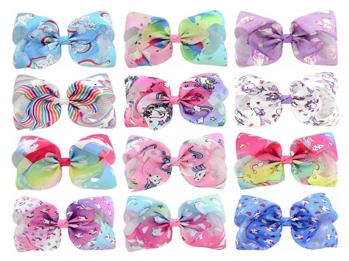 12pcslot 8quot stor storlek Färgglad enhörning Rainbow Print Grosgrain Ribbon Hair Bows With Clip Girls Handmade Hair Accessory 8337952678