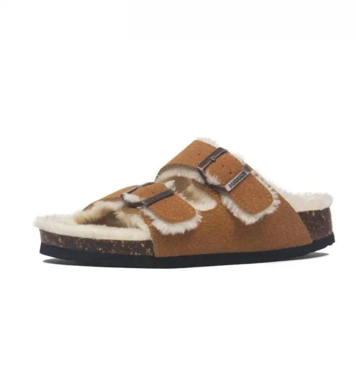 Slippare 2022 Autumn Sheep Cork Slipper Women Casual äkta läder utanför fast spänne mjuka plyschskor skor 3545Slippers3626948