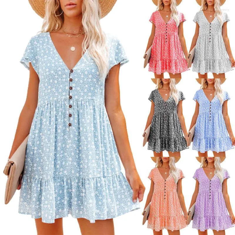 Casual Dresses Fashion Street Spring and Summer Independent Station Amazon V-ringknappar Små blommig kortärmning Lossa en klänning