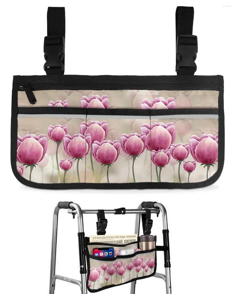 収納バッグ水彩の花チューリップ車椅子バッグポケットアームレストサイド電気スクーターウォーキングフレームポーチ