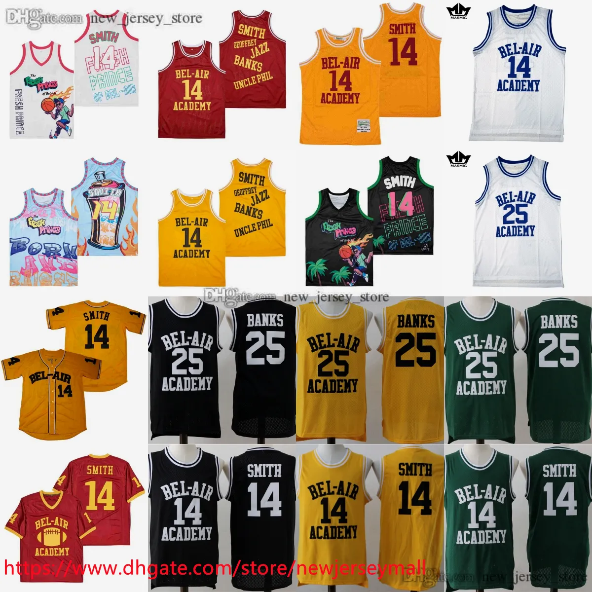 Classic Vintage The FreshPrinceBel-Air 14 WillSmith Jersey Bel-AirAcademy Basketball Jerseys 25 CarltonBanks Jerseys Black Green Yellow Stitched