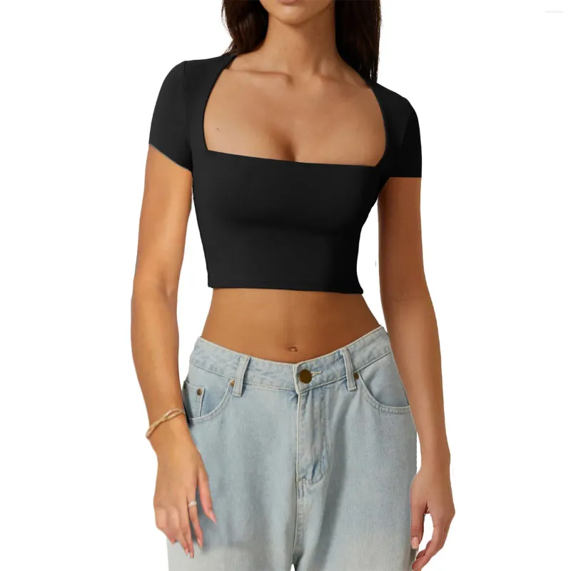 Women's T Shirts Square Neck Crop Tops Short Sleeve Solid Color Slim Fitted T-Shirts Stretchy Blouses Streetwear