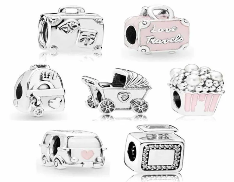 925 Sterling Silver Dangle Charm Original Baby Pram with Crystal Suitcase Travel Popcorn Pearls Beads Bead Fit Charms Armband DIY smycken Tillbehör 6117594