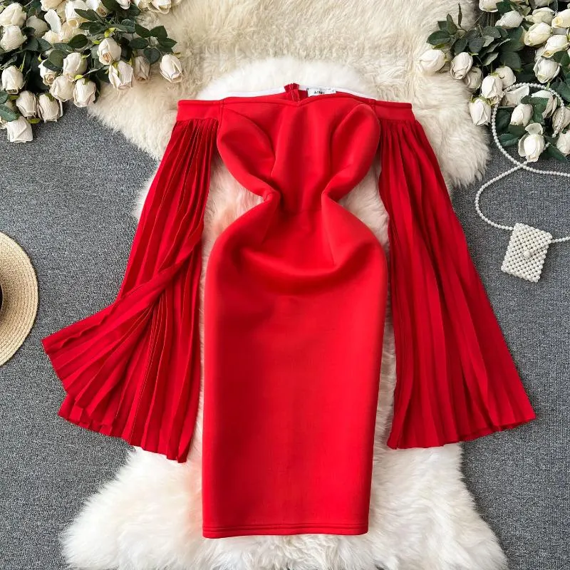 Casual Dresses Vintage Red Banquet Dress Women's Sexy One Shoulder Slash Neck Slimming Short Fashion Ladies Long Sleeve Paty