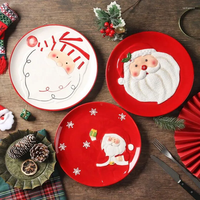 Placas Adorável Papai Noel Claus Tableware Conjunto de relevo de cerâmica de cerâmica pintada à mão Placa decorativa de pastelaria de doces de disco grande