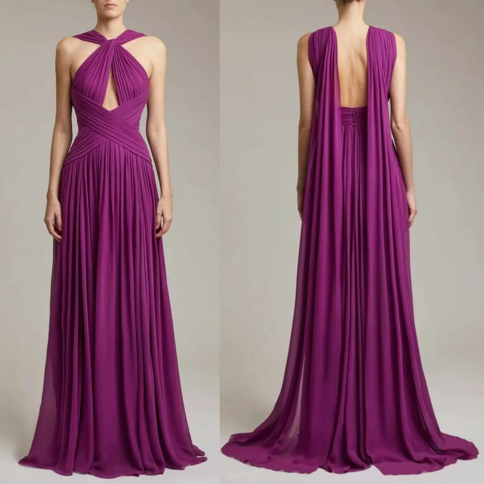 Robes de bal sexy longues en mousseline de soie violette avec cape halter A-line Longueur de plancher à la glissière Robes de soirée arrière pour femmes