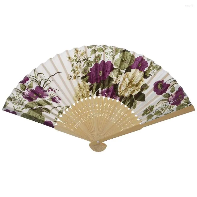 Dekorativa plattor Kvinnor Summer Wedding Floral Pattern Fabric Folding Hand Fan White Purple