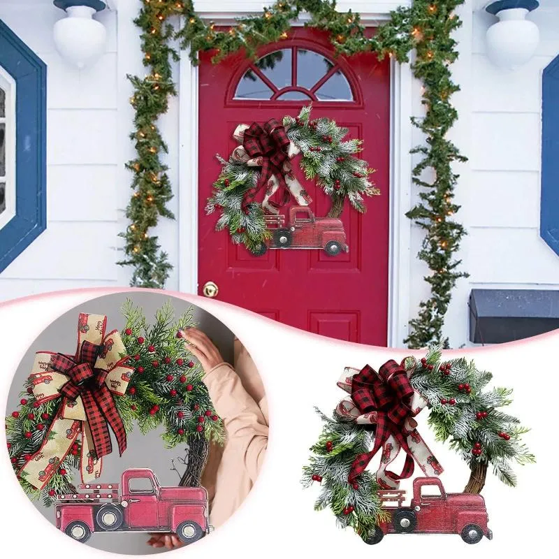 Decorative Flowers Christmas Red Truck Wreath Farmhouse Garland Decoration Winter Berries