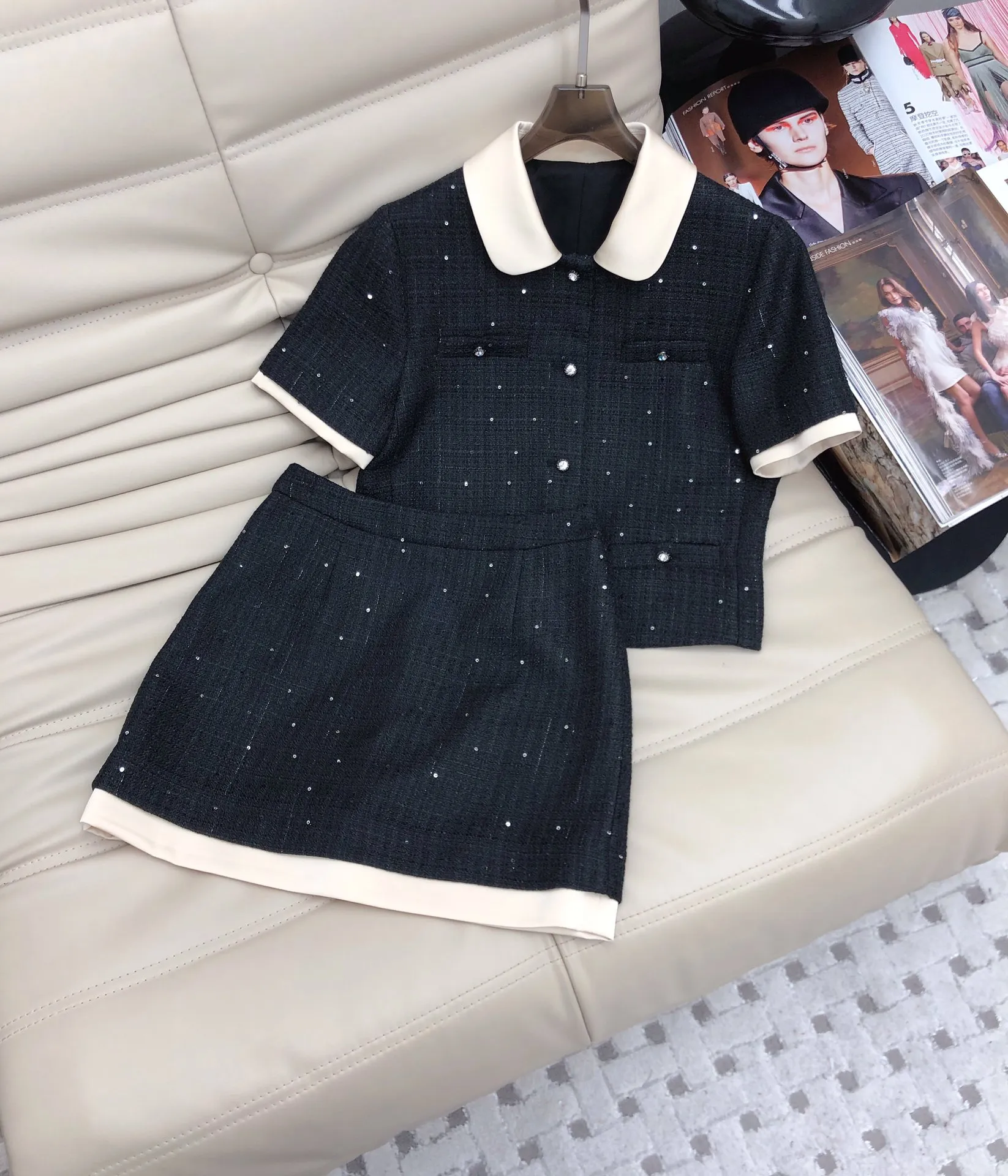 Trendy 2024 New Designer Dress Doll Doll Contrast Collar Tweed Tweed Short Top+Half Salia Conjunto