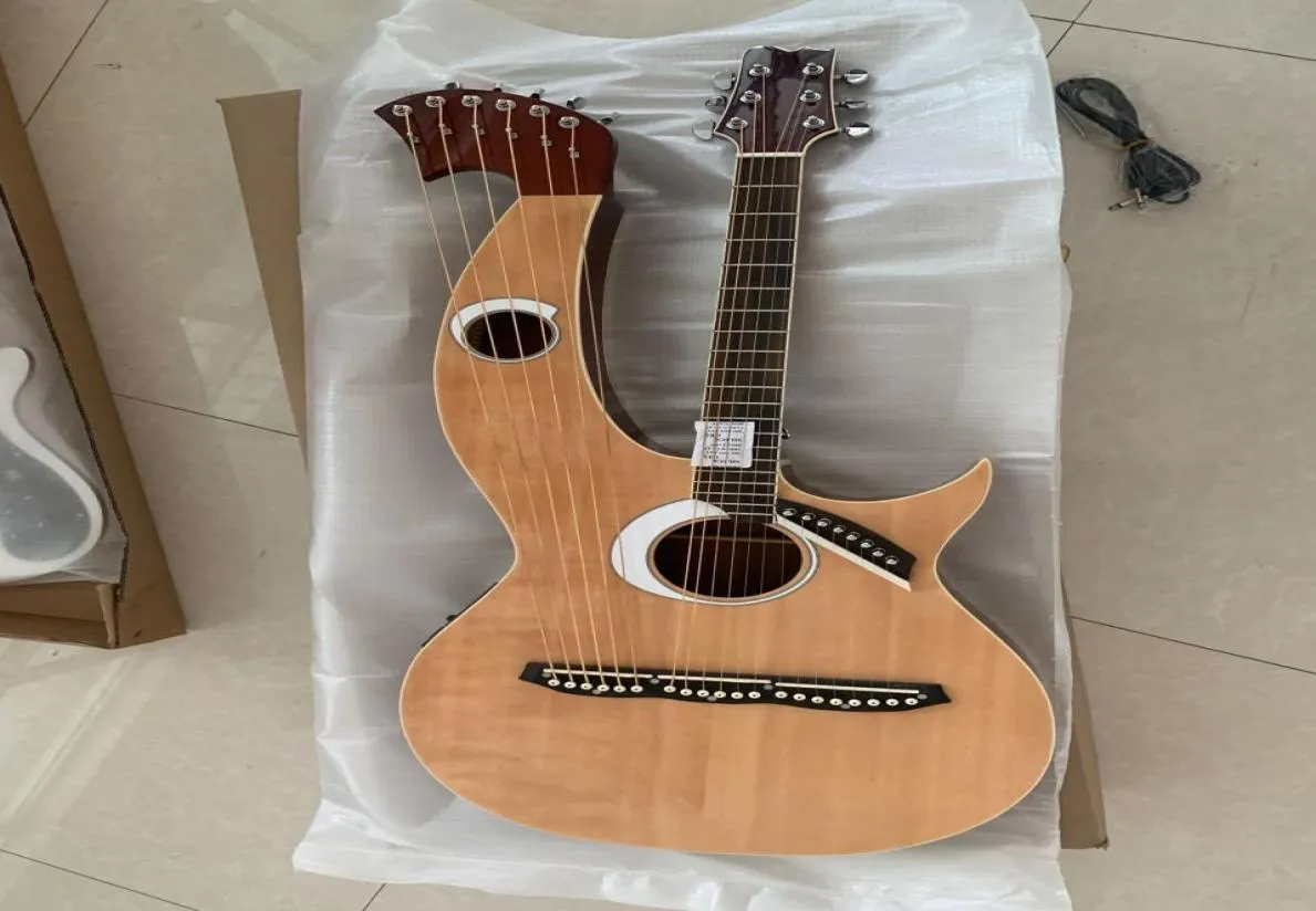 Anpassad harpgitarr 6 6 8 Sträng Natural Wood Acoustic Electric Guitar Double Neck Guitar 1586545