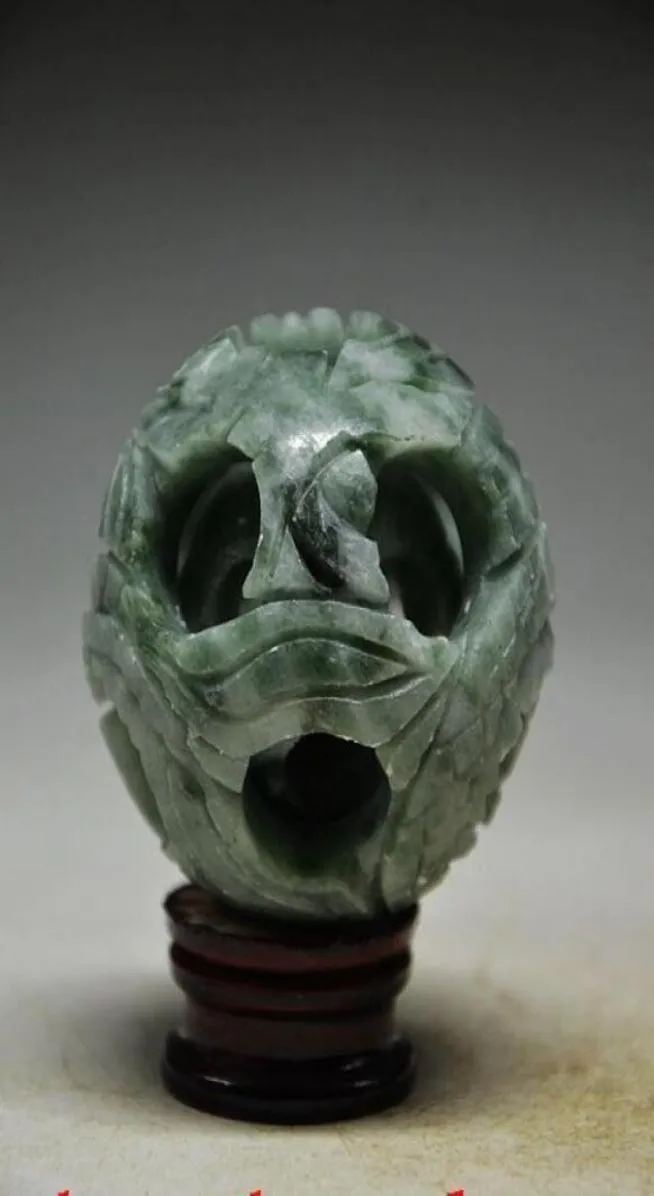 SPLENDIFEROUS JADE HANDCARVED 3 LAYERS PUZZLE BALL WITH BASE gtgtgt 4608332