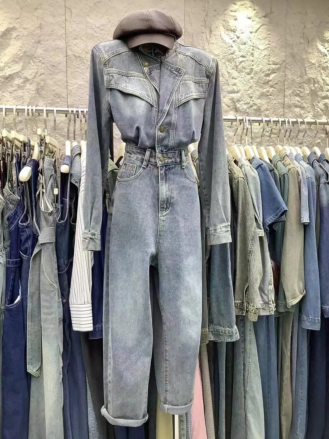 F088 kvinnors jumpsuits rompers mode y2k denim jumpsuit kvinnor vintage långärmad lappfickor blå rak jumpsuit lapel krage ol kläder