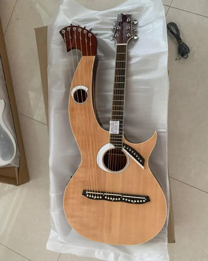 Custom Made Harp Guitar 6 6 8 String Natural Wood Acoustic Electric Guitar Double Neck Guitar 7067504