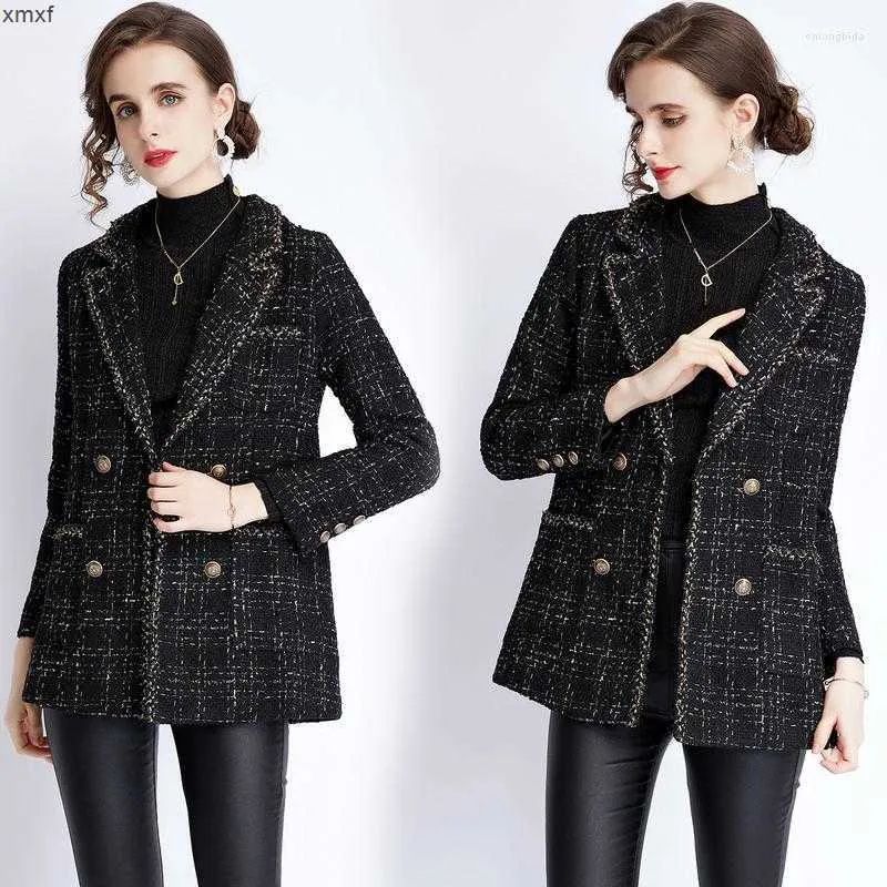 Damen Wolle Frühling Herbst Winter Französisch Tweed Kurzer Blazer Longsleeve Doppelreihe Plaid Frauen lässige Pure Black Coats Jacke Outwear Mvfo