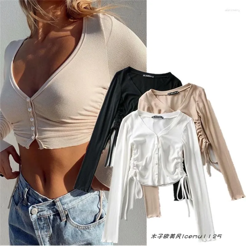 Women's T Shirts Fashion Elastic Rib Side Drawstring Cardigan Bottoming Shirt Sexy V-neck Short Crop Top Front Button Long-Sleeve T-shirt