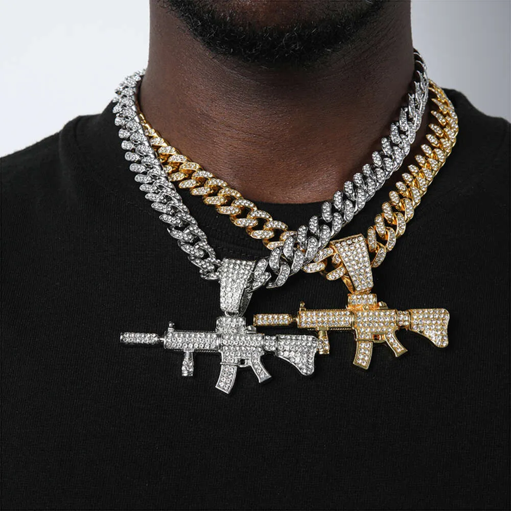 Hommes femmes hip hop glacés out collier de pendentif armes à feu subhine bling avec colliers de hiphop de chaîne cubaine de 13 mm miami bijoux de mode