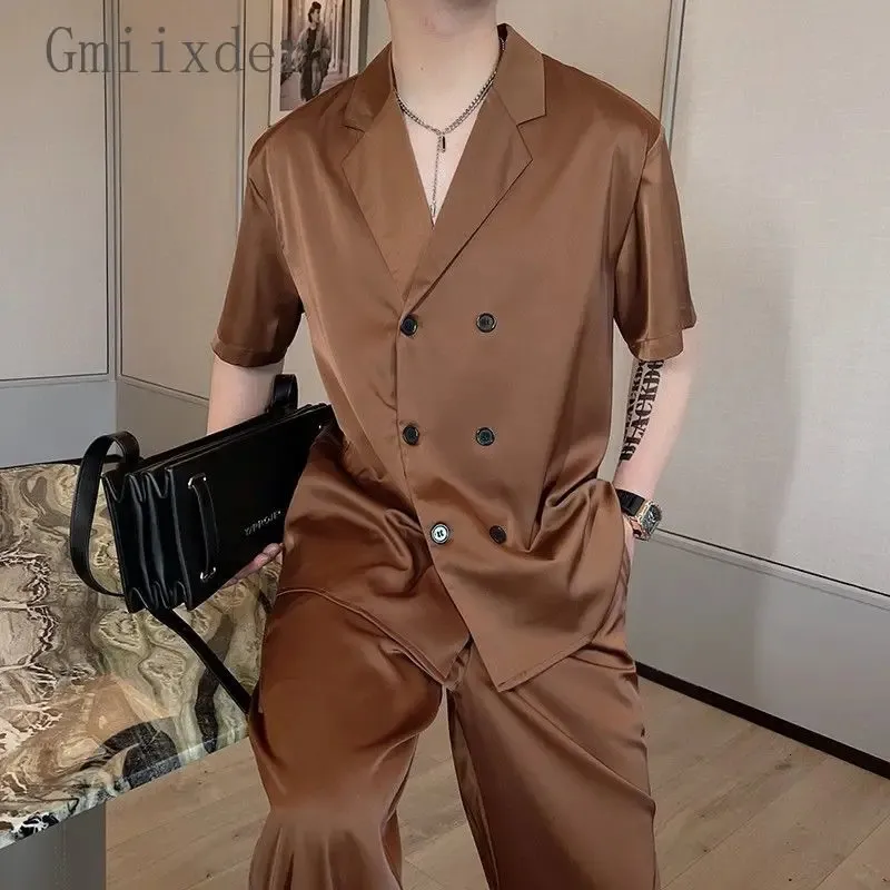 Korean Summer Short Sleeve Blazer Shirt Thin Casual Suit Collar Carred Japanese 2024SS Highend Ice Silk Top and Trousers 240412