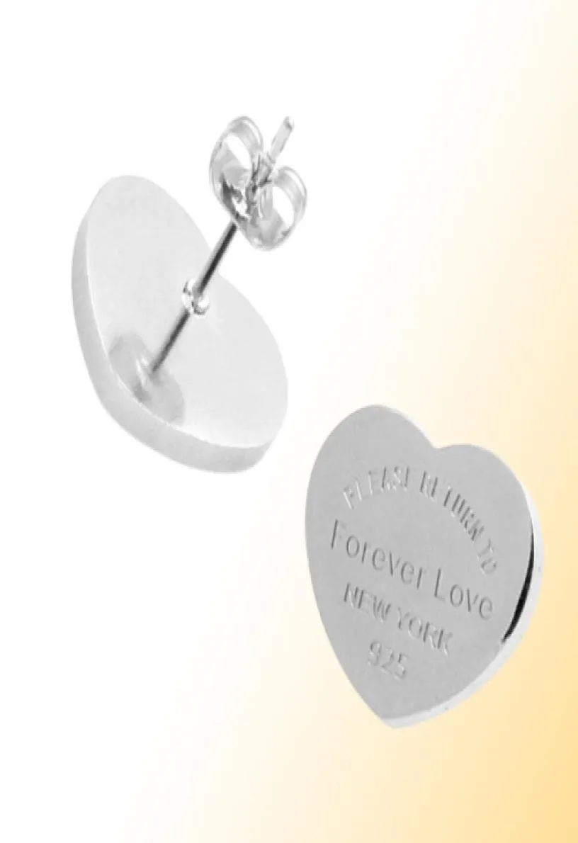 Cała Forever Love Design Women Stud Biżuteria nierdzewna PROSZĘ ZWRógł się do serca Charms 10 mm 14 mm kolczyki Srebrny Złota Rose3989020
