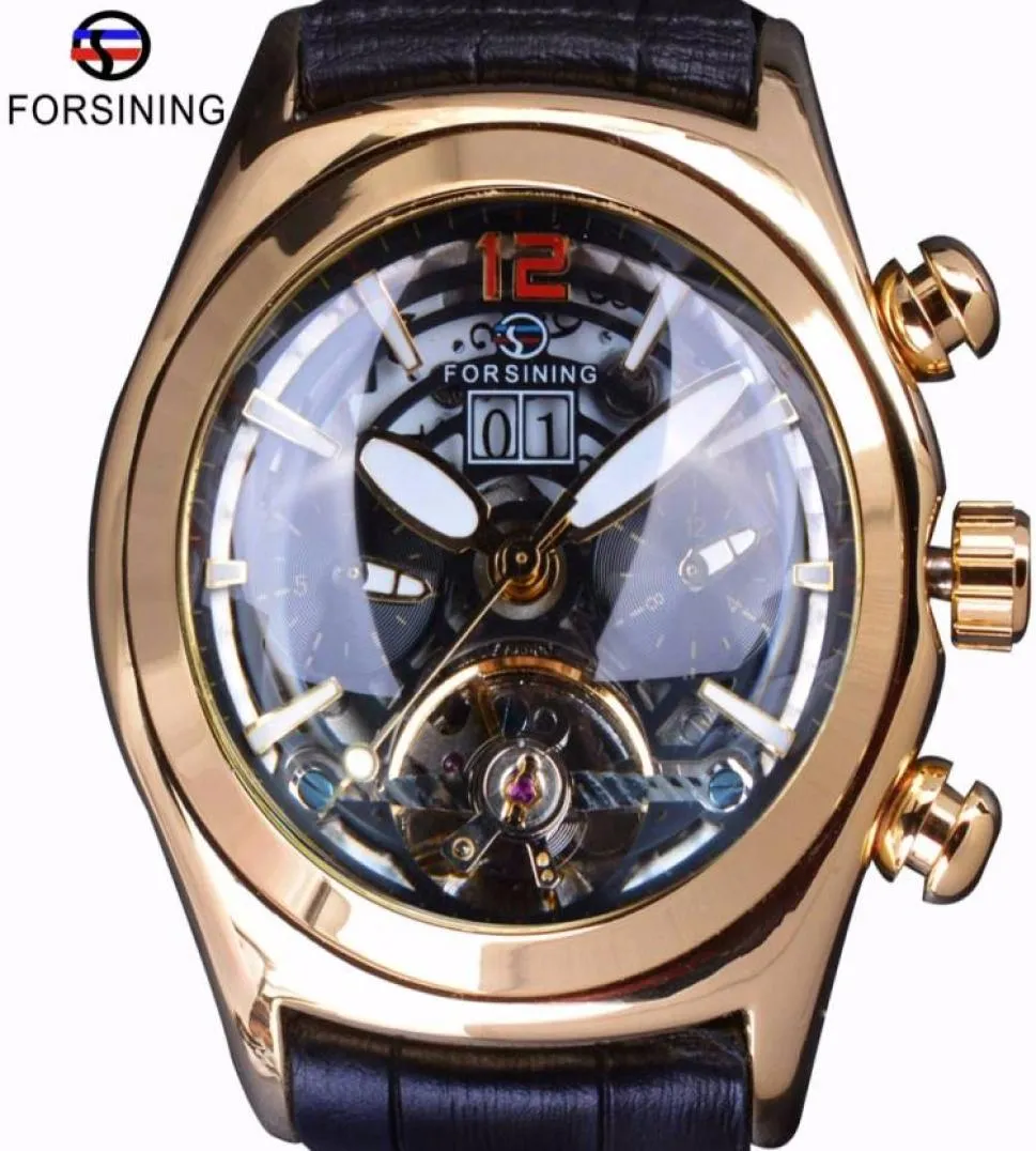 Forsining Watch Convex Glass Stijlvolle legende Tourbillion Calendar 3D -ontwerper Echte lederen heren Automatische horloges Topmerk Luxu8934865