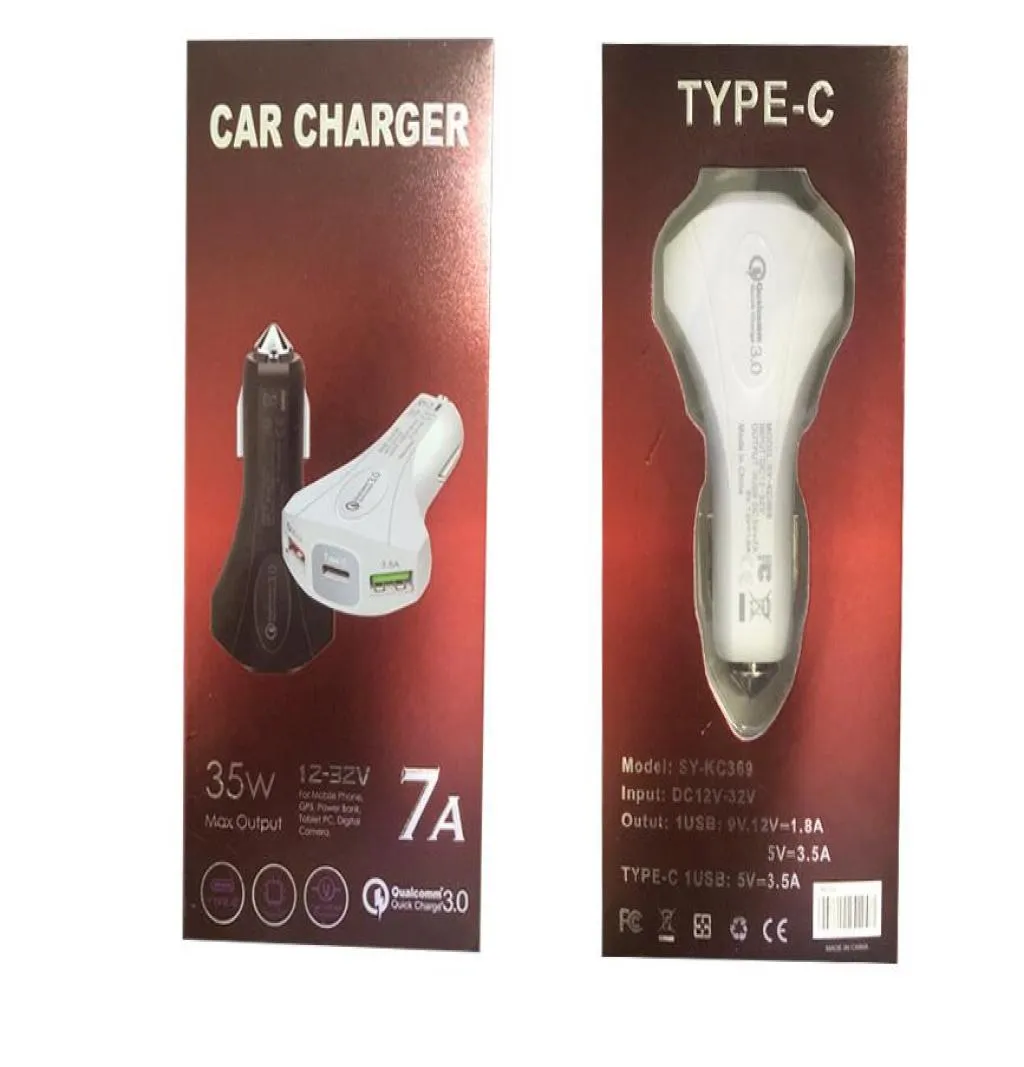 Billaddare 3 Port Snabbladdning 7A 35W Typ C PD Hammer Safety QC30 Fast Car Charger för Samsung med Retail Box2264205