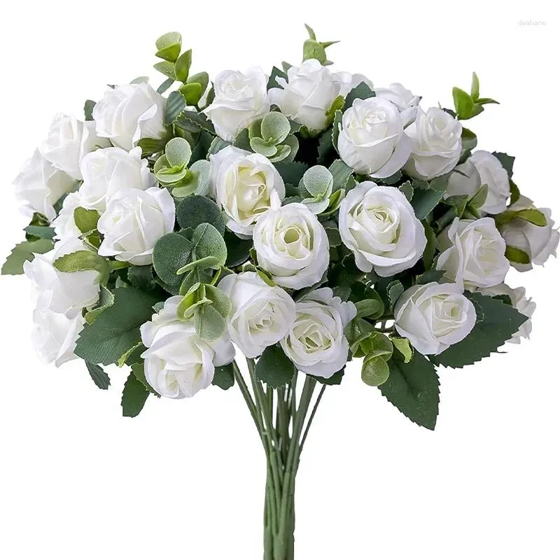 Fleurs décoratives fleur artificielle Silk rose blanc eucalyptus feuille bouquet de pivoine faux pour table de mariage vase de fête