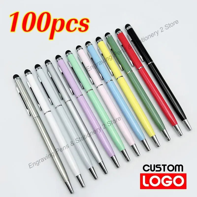 PENEN 100 PCS 13COLOR Metal 2in1 Stylus Universal Ballpoint Pen Aangepast Logo tekst Gravure School School Advertentiepen Groothandel