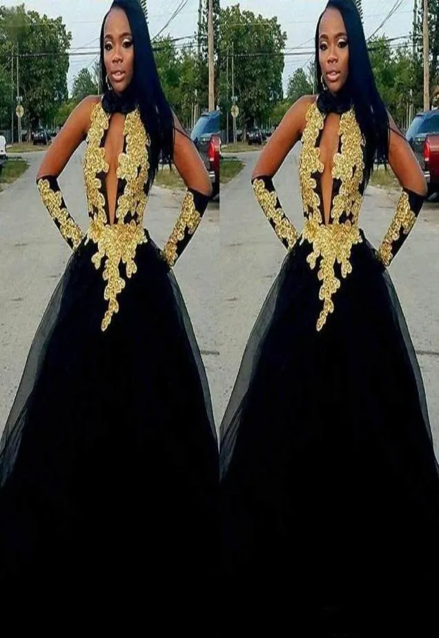 2019 Black and Gold Prom Dresses Tulle kjol afrikansk sexig öppen halsgolv Längd formell aftonklänningar plus storlek1293561