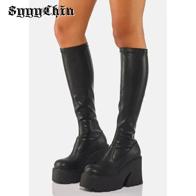 Laarzen nieuwe winter dames laarzen knie hoge dikke hielplatform punk zwarte dames pompen vrouwelijk stretch strakke sexy ronde teen mode schoenen