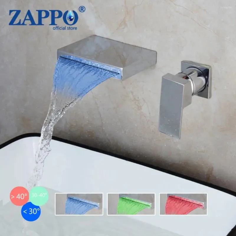 Bathroom Sink Faucets ZAPPO Chrome Finished Bathtub Faucet Wall Mounted Mixer Waterfall Spout Basin LED Tap