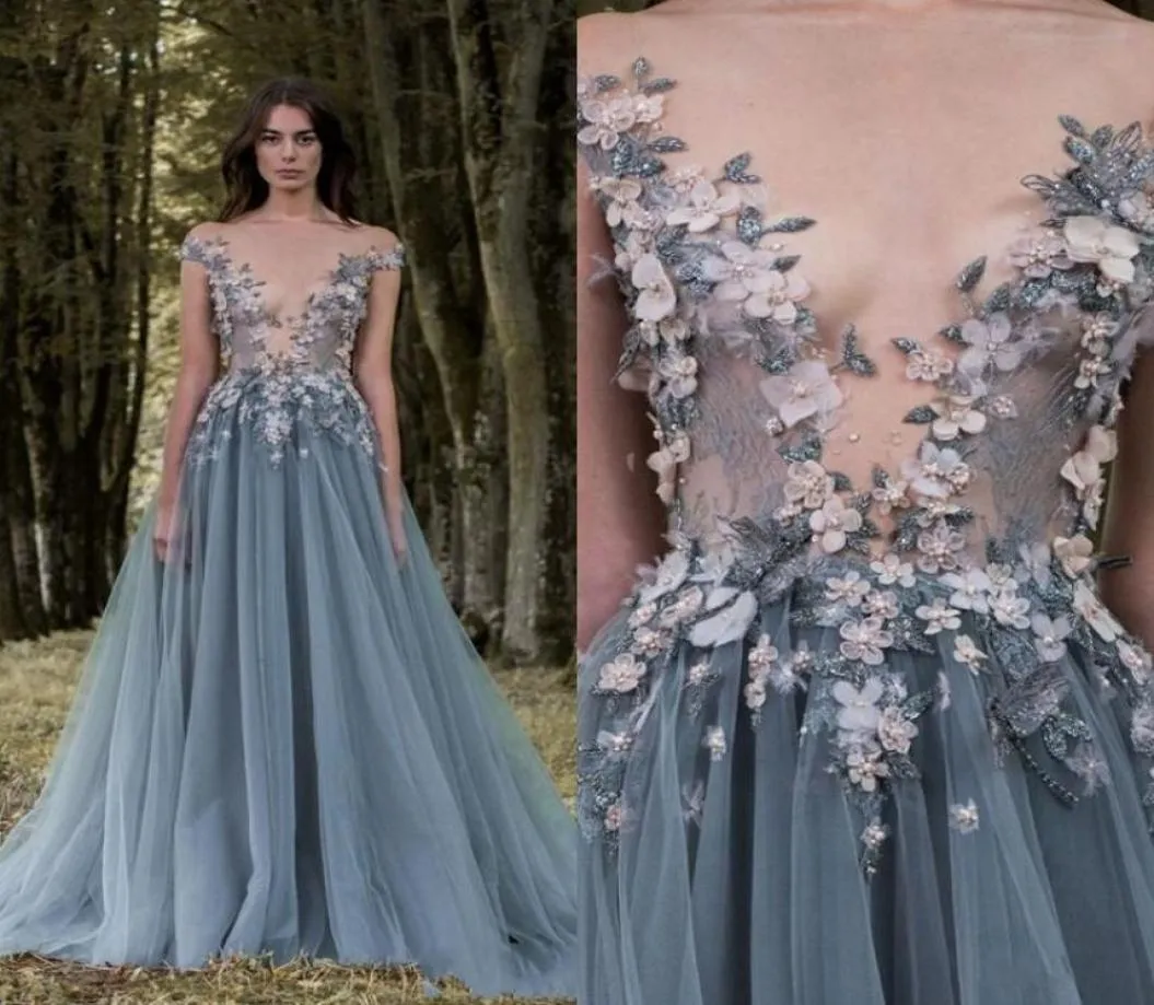 2019 Paolo Sebastian Lace Prom -jurken Sheer Plunging halslijn Appliqued Party Jurken goedkope sweep trein tule kralen avondkleding fo7424888