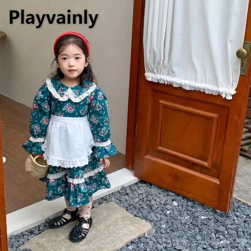 Flickaklänningar koreansk stil Spring Autumn Kids Dress Long Sleeves Floral Turn-Down Collar Lace Patchwork Casual With förkläde H1012