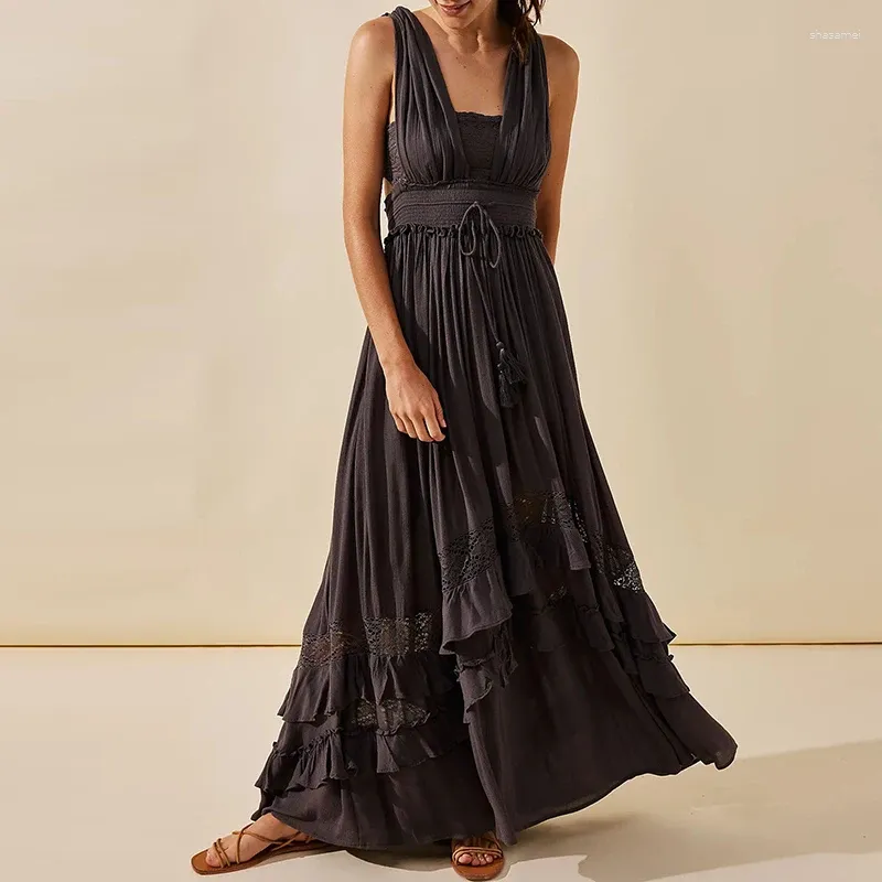 Vestidos informales Bohemio V NEC Patchwork Lace Long Dress Women 2024 Spring Lace-Up Tassel Plisado Maxi Summer Backless A-line