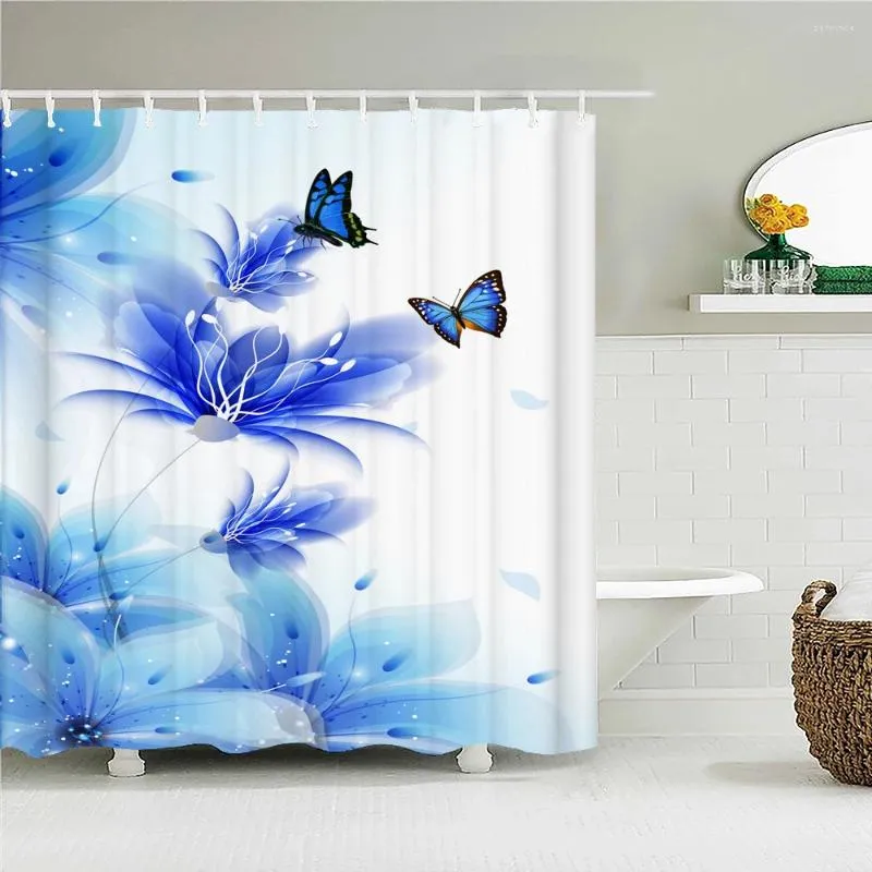 Duschvorhänge 3D Badezimmer Schöne Blumen Schmetterling wasserdicht mit Haken Haus Dekoration Waschbar Stoff Badebildschirm