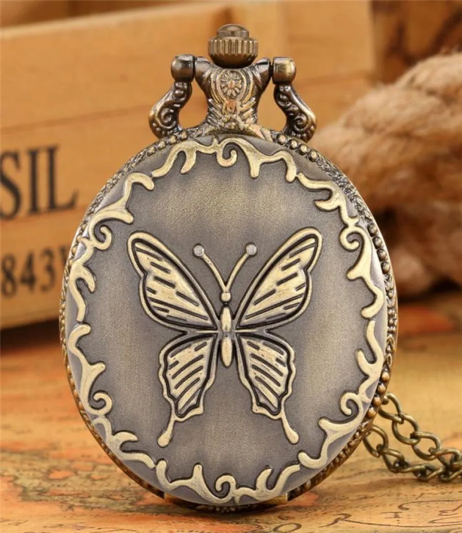 Steampunk Butterfly Design Mens Womens Quartz Analog Pocket Watch Arabic Number Dial Top Gift Pendant Clock for Kids Necklace Chai8155275