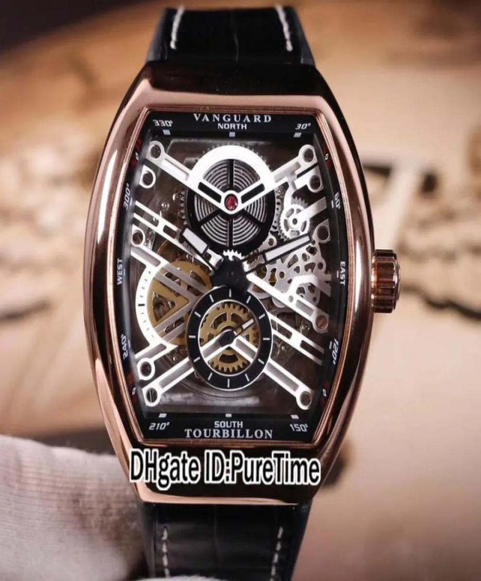 Nouvelle collection Vanguard V45 Rose Gold Black Inner Inner White Skeleton Dial Tourbillon Automatic Mens Watch Black Rubber White Line Pure9619302