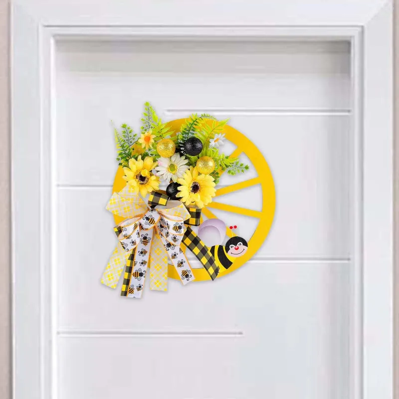 Decorative Flowers Artificial Wooden Wreath Sign Bee Bowknot Sunflower Front Door For Festival Housewarming Garden Anniversary