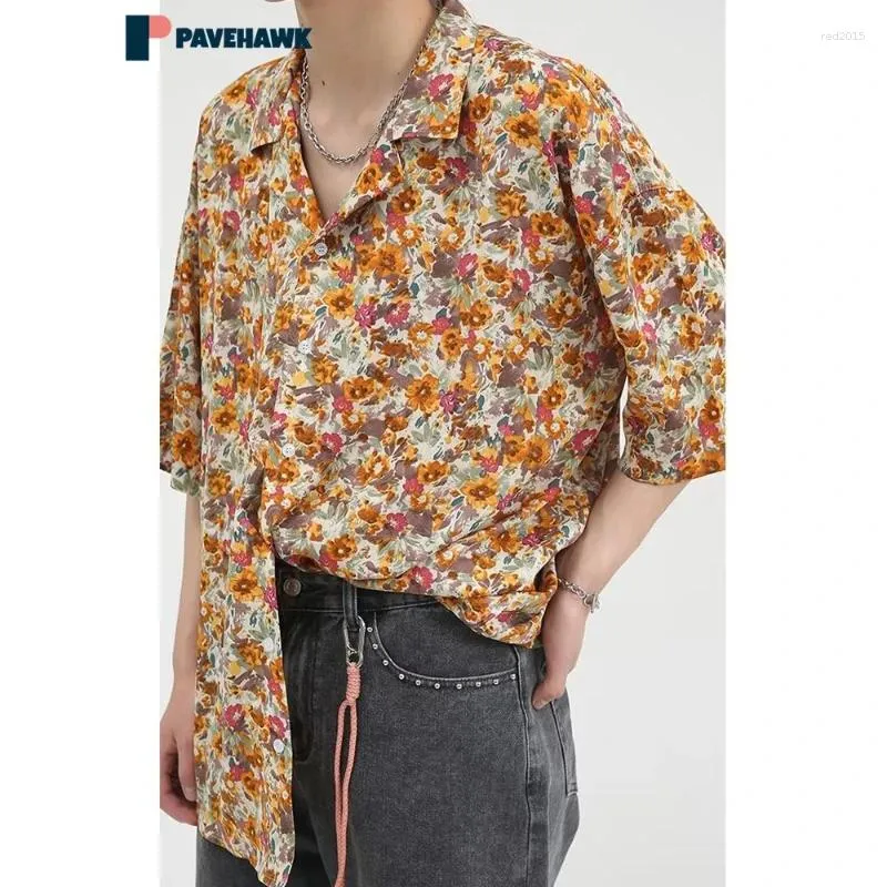 Chemises décontractées pour hommes chemises florales d'été lâche hommes américains vintage fashion revers harajuku overshié plage mâle courte à manches courtes minces