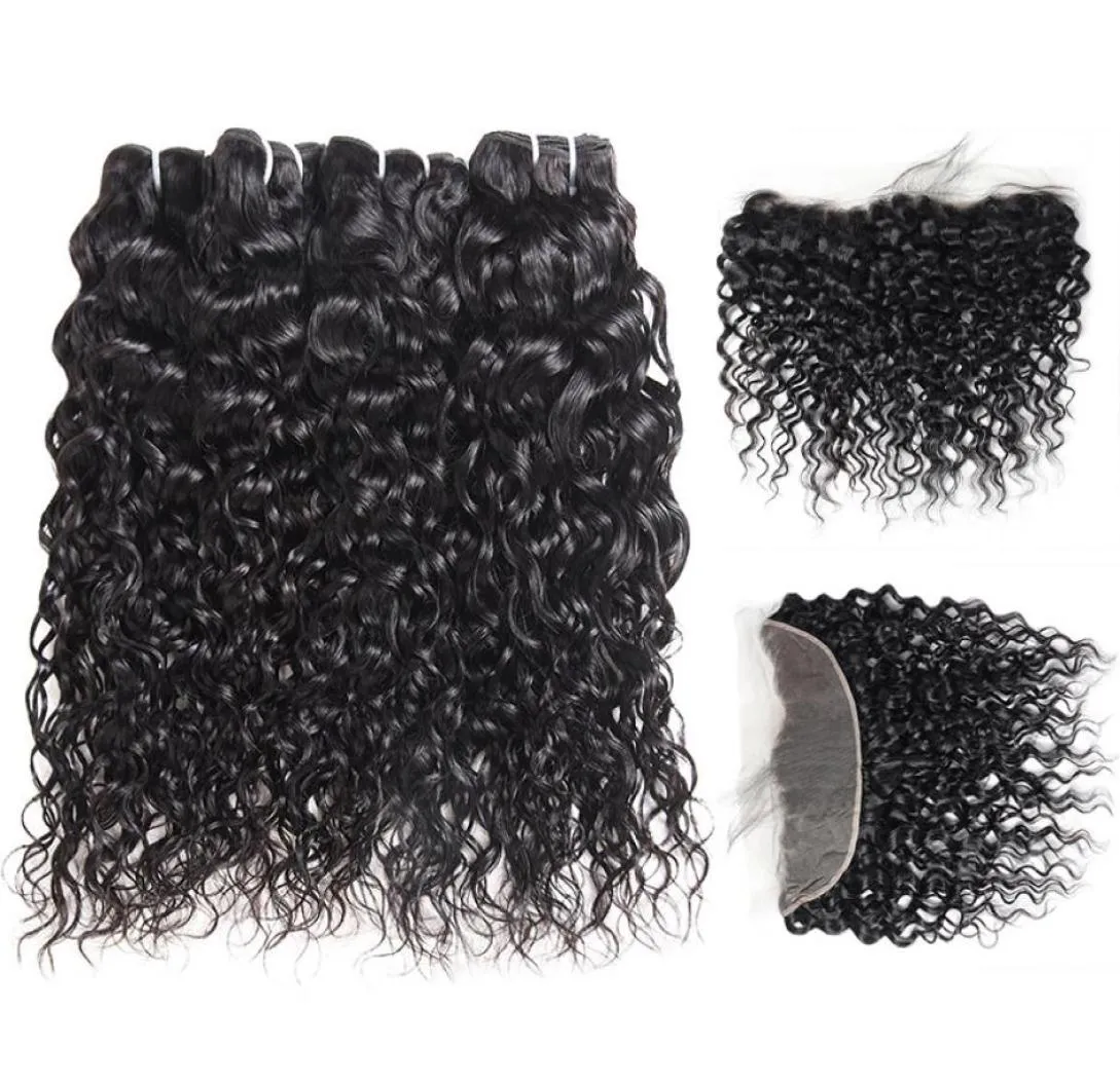 Extensions de cheveux vierges indiennes Poules de cheveux brésiliens péruviens avec vague d'eau de fermeture 4pcs avec 1325 dentelle frontal20656748894637