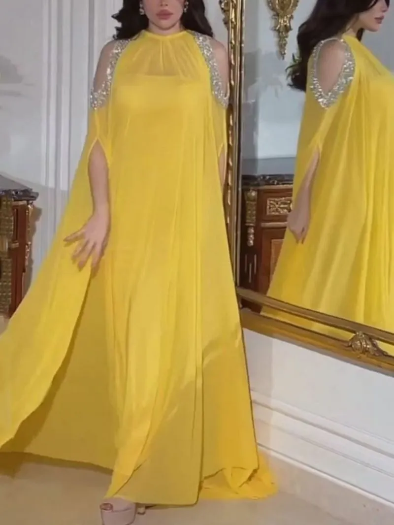 Elegant Yellow Silver evening dresses 2 pieces formal prom party gowns dresses for special occasions evening gown E414004
