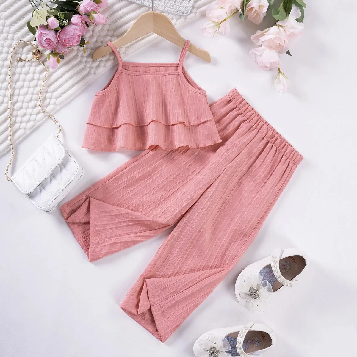 Girls Solid Color Suspenders Summer Ruffles Wide Leg Pants 2 Pieces Dress Set White Cute Elegant Baby Clothes 240408