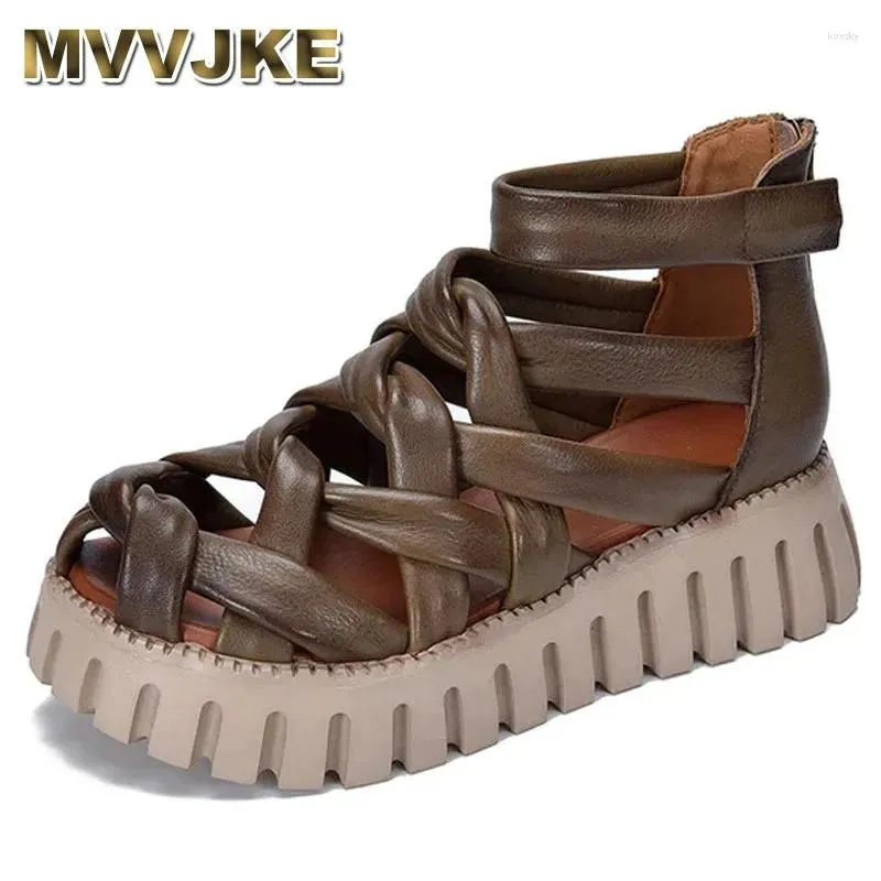 Sandales Summer Femmes Round Toe Chaussures de plate-forme talon Chunky Genunine Leather High Gladiator fait à la main