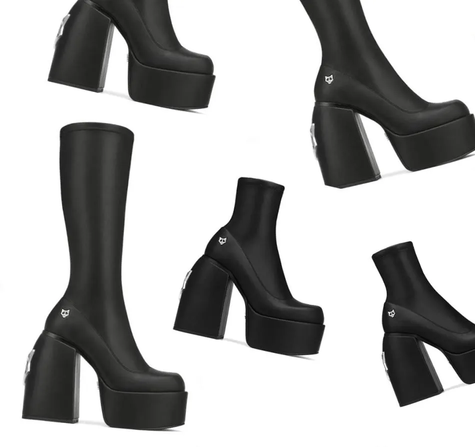 Designerstiefel nackte Wolfe -Stiefel hohe Gewürz schwarze Stretchnarbe Secret Black Jailbreaker Jennies Sassy Women Leder Slip auf FO4171075