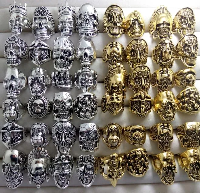 Testa di cranio in oro d'oro intero da 100 pezzi anelli in lega di pattine anelli di gocce di cristallo per motociclisti punk Biker dimensione 8113439935