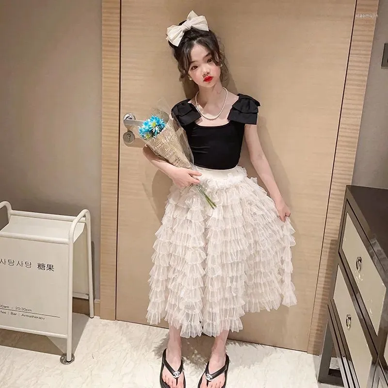 Clothing Sets Summer Kids Girls Skirt Cotton Black Lotus Leaf Sleeve Tops White Fringed 2pcs 12 Teen Girl Clothes Suit Child Outfit