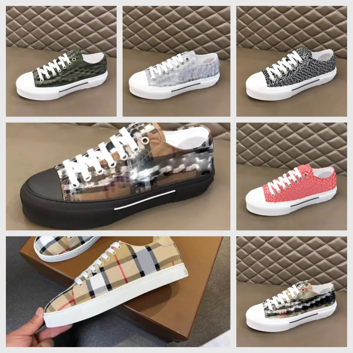 Vintage Print Check Sneakers Designer Casual Shoe Men Two-tone Cotton Gabardine Flats Shoe Printed Lettering Plaid Calfskin Canvas Trainers With Box