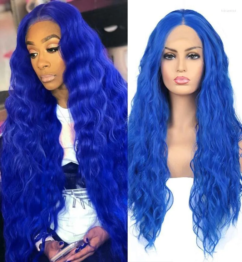 Синтетические парики Aimeya Blue Long Water Wave Lace Front Wig для женщин Средняя часть, бесцветная, предназначенная ежедневная одежда для косплея Tobi222462829