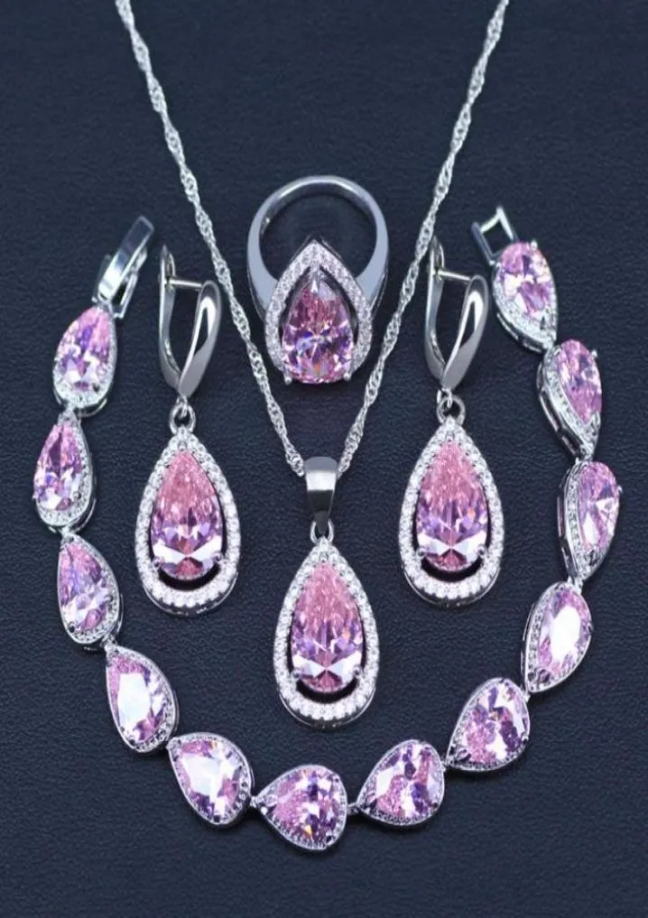 Earrings Necklace Promotion Pink Cubic Zircon Water Drop Silver Color Jewelry Set Ring Bracelet1769374