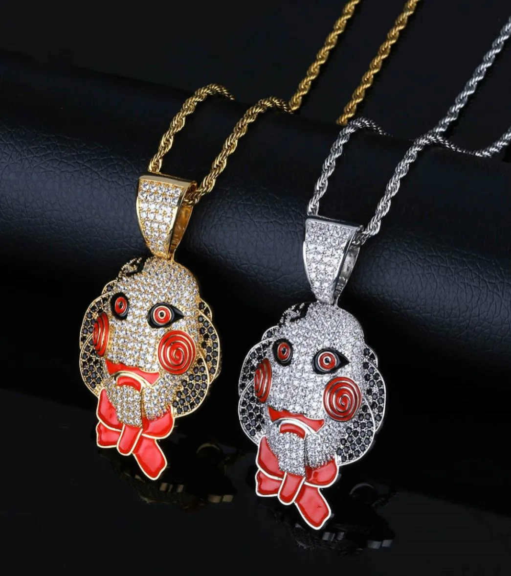 69 Saw Doll Head Mask Pendant Necklace Iced Out Cubic Zircon Hip Hop Gold Silver Color Men Women Charms Chain Jewelry9514200